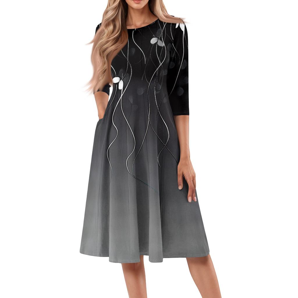 Abito midi con stampa a maniche tre quarti e scollo rotondo, casual, da donna