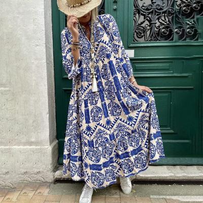 Spring Summer Women Dress V Neck Floral Print Loose A-line Big Swing Long Sleeves Bohemian Ethnic Plus Size Vacation Beach Maxi Dress