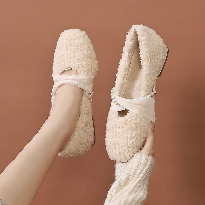 Fashion Shallow Mouth Women Shoes Autumn White Sneakers Round Toe Loafers Fur Fall Moccasin Winter Casual New Flock Solid Leisure Rubber