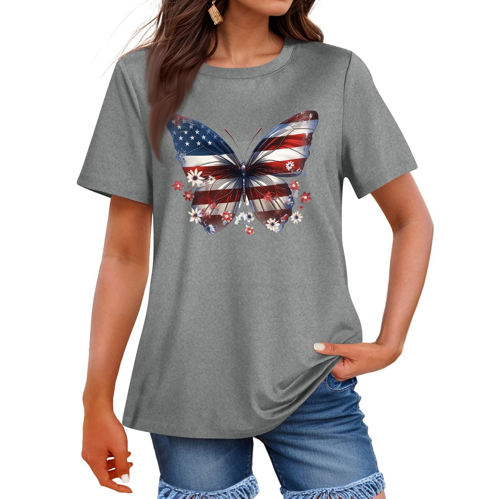 

Women s Fashion Independence Day Printed Round Neck Short Sleeved Casual T-shirt Top XL