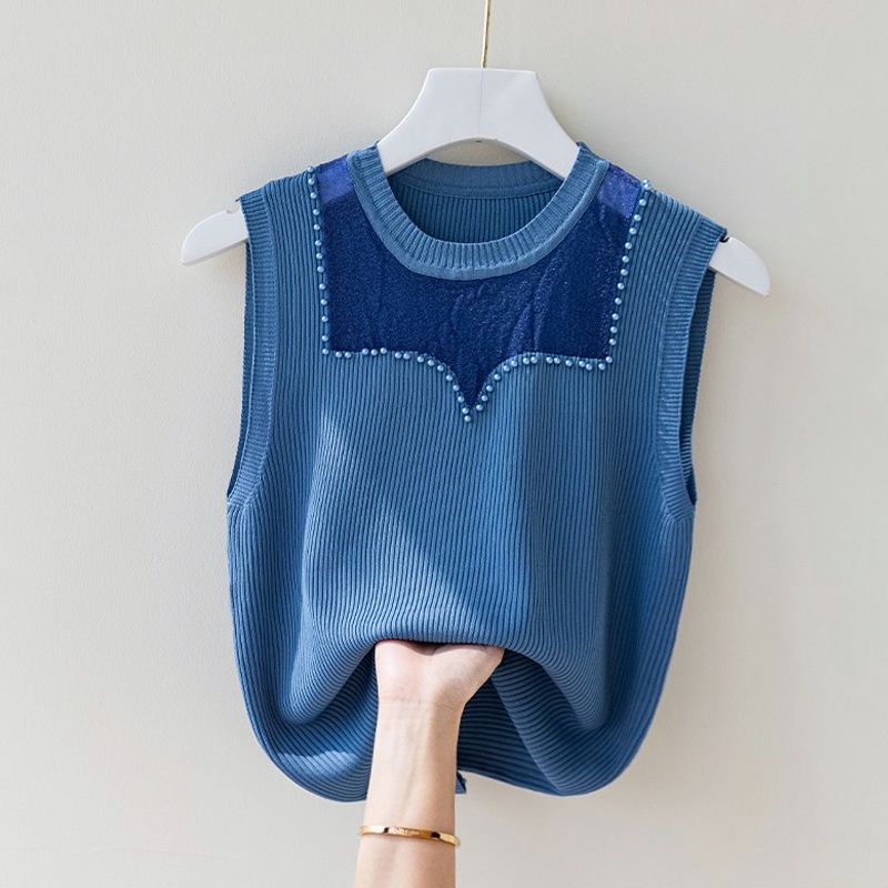 

Жилет на бретелях, женский круглый вырез, сетка, темперамент, бусина-гвоздь, вязаный свитер без рукавов, летний топ 4XL синий