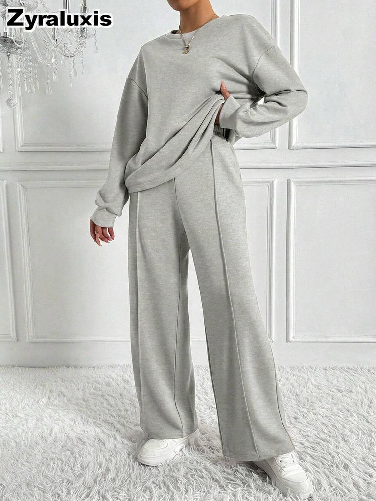 Trendy New Solid Color Crew Neck Long Sleeve Pants Set Women's Outfit Chic Two-Piece