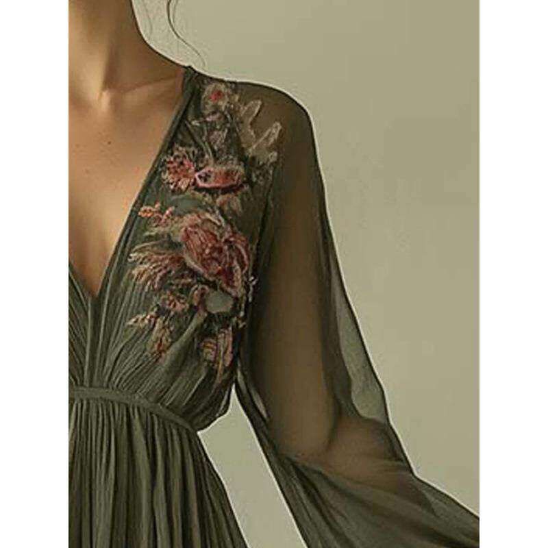 Printed Long Sleeve Long Collar Dress