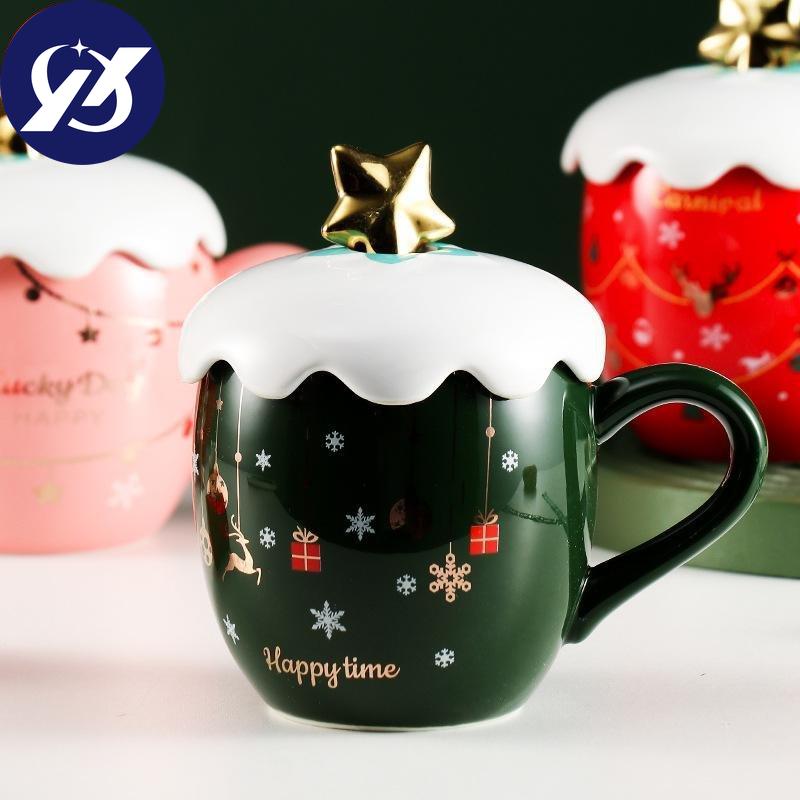 Christmas Mug with Lid Spoon Girl Cute Coffee Cup Ceramic Water Cup Office Couple
