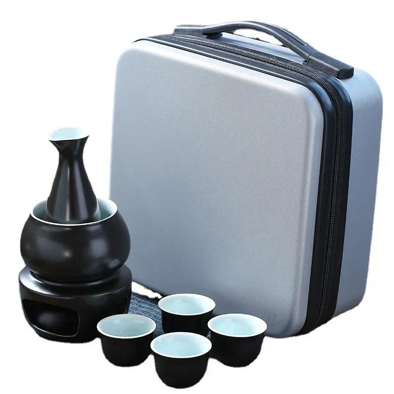 Janpanese Sake Set with Wamer, Ceramic 7pcs Wine Set with 1 Carafe 4 Sake Cups 1 Sake Warmer 1 Candle Stove