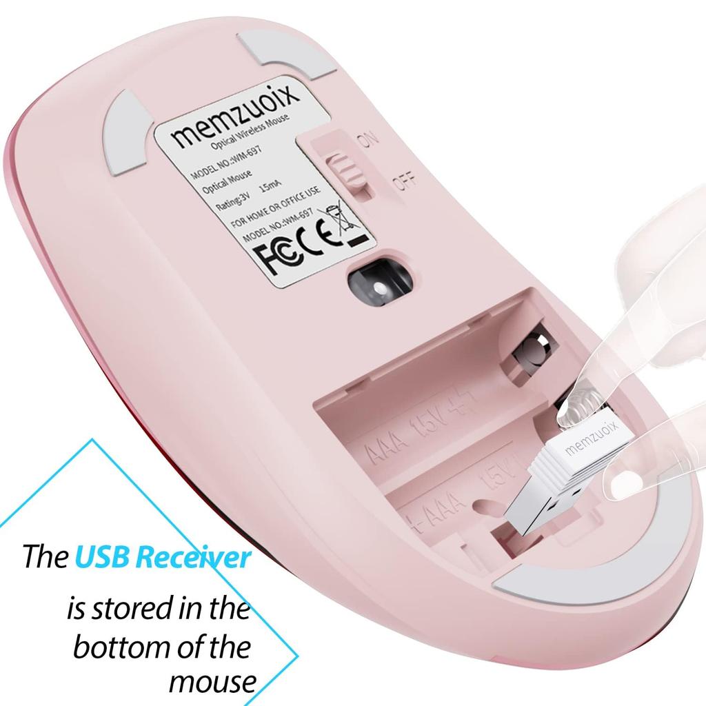 memzuoix Wireless Ergonomic 1400DPI Optical Instant Insertion USB Receiver 5 Compatible with Chrome Pink Mouse, 2.4GHz, Design, Long-Term Use,
