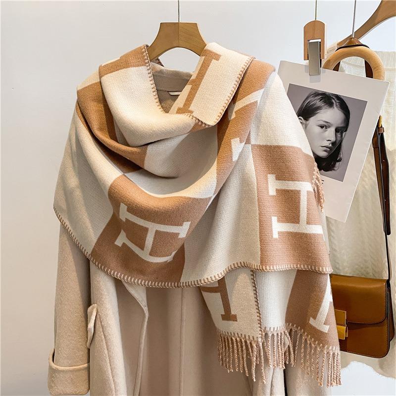 Core-spun yarn scarf winter new double-sided long letter shawl warm holiday gift scarf women