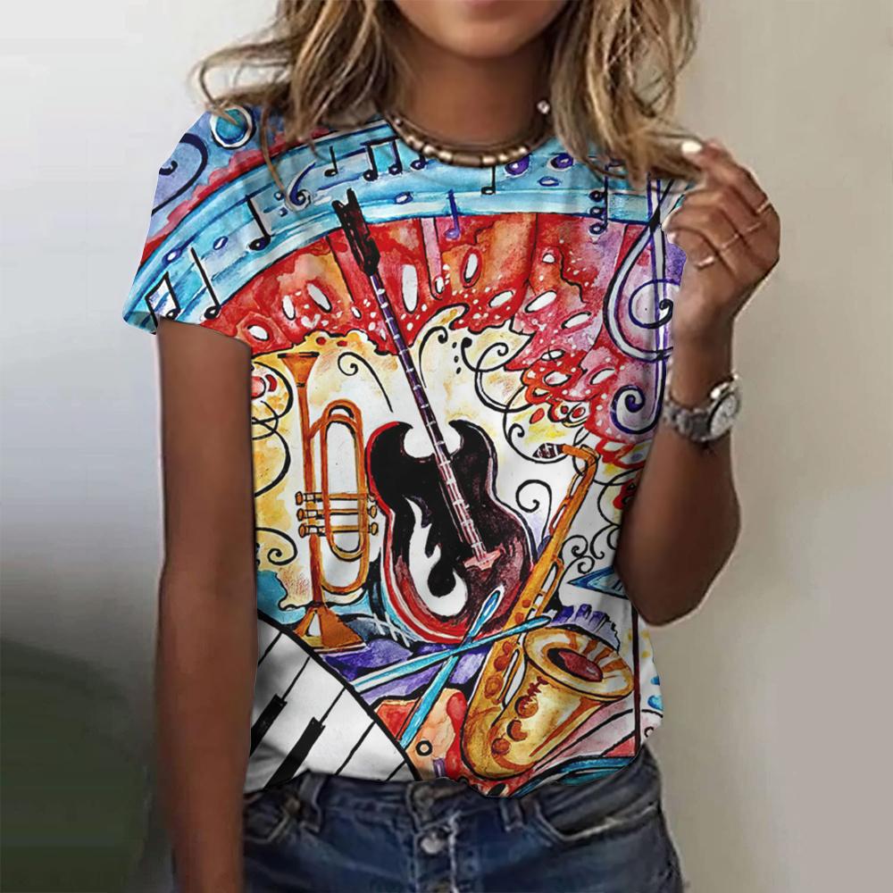 Women's Oversize T-Shirt 3d T-Shirt With Guitars Print Summrt O-Neck Short Sleeve Tops Rock Tee Streetwear Y2k Female Clothing