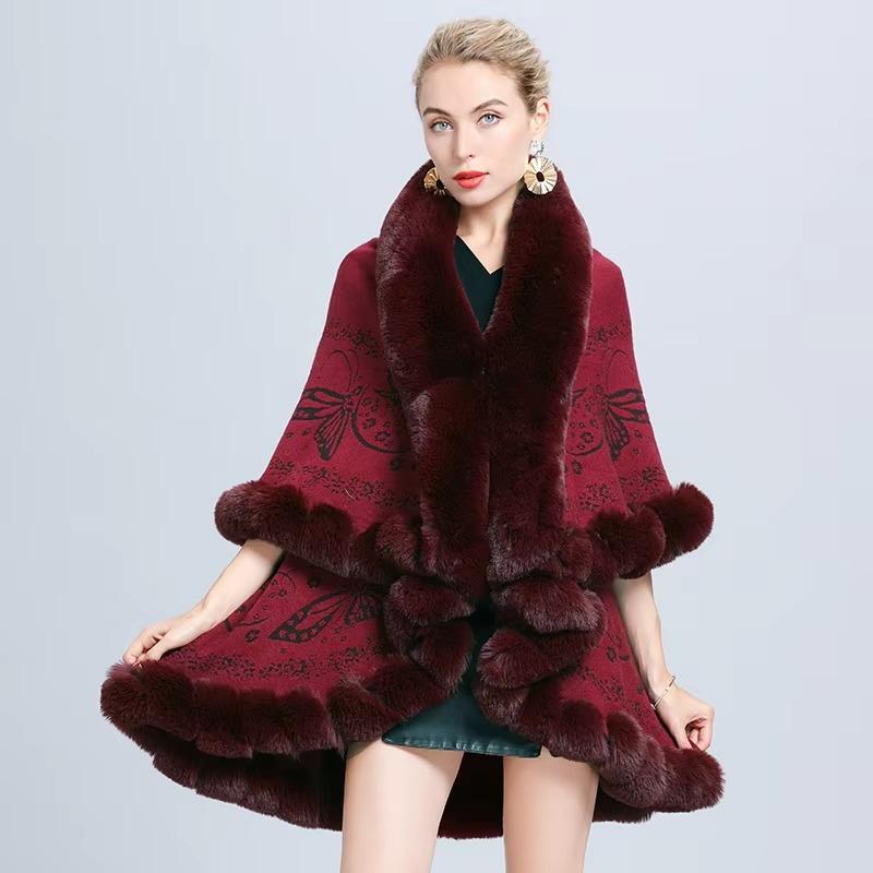 

4 цвета, зимняя теплая 2-слойная жаккардовая толстая накидка-пончо, женская длинная свободная накидка, кардиган из искусственного меха, уличная шаль, пальто One Size вино красного