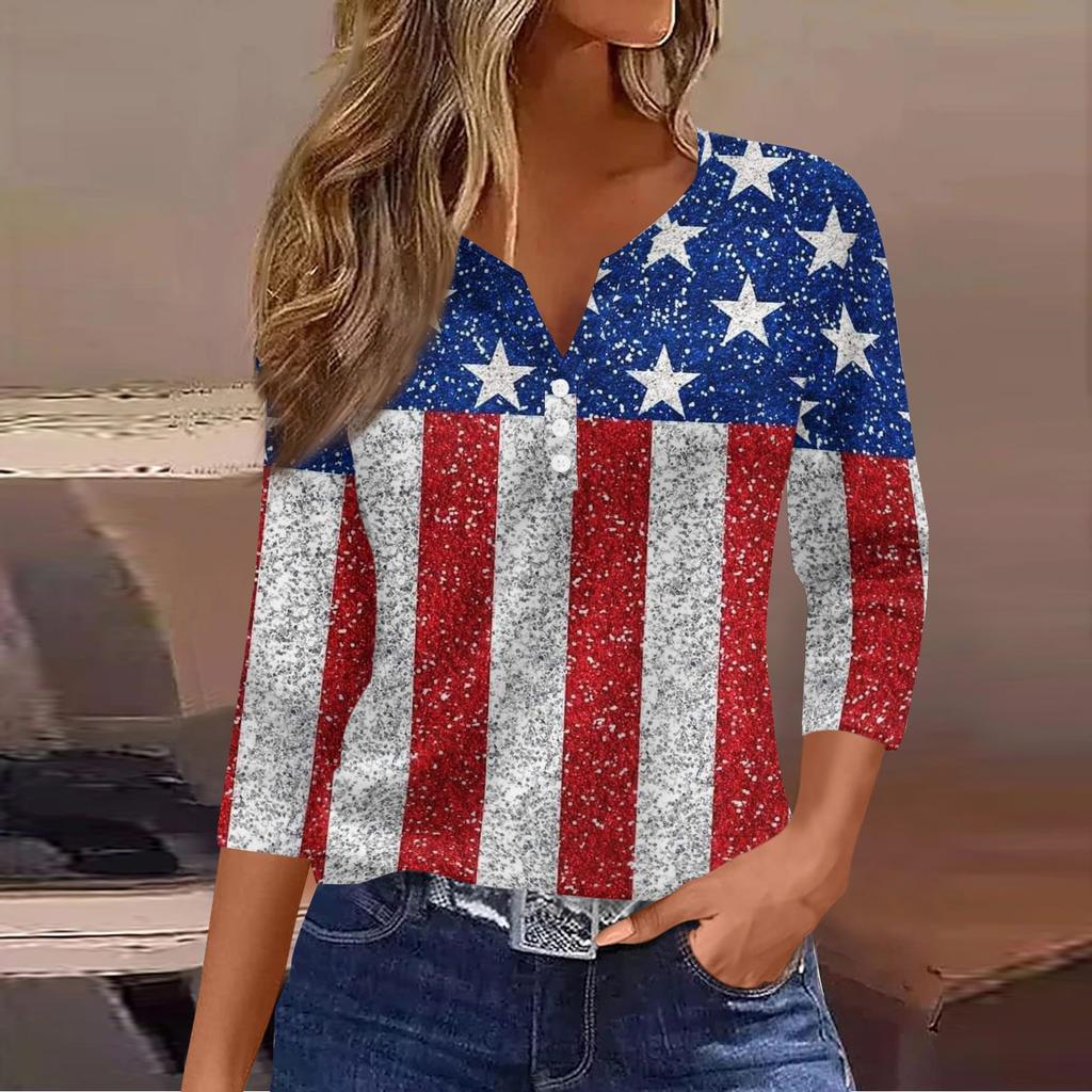 Women's Fashion Casual Independence Day American Flag Stars and Stripes Print Collar V-Neck Three-Quarter Sleeve Decorative Button-Up T-Shirt Top