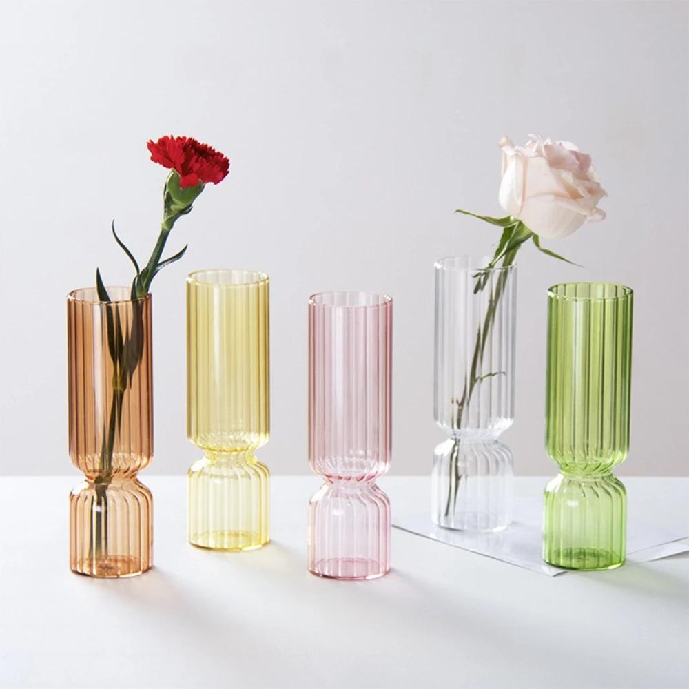 Nordic Coloful Glass Vase Flower Arrangement Home Decoration Transparent Striped Glass Vase Modern Living Room Glass Ornament