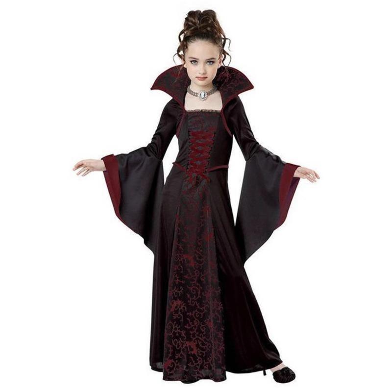 Neues Halloween-Kinderkostüm Hexenkostüm mittelalterlich retro Schnürkragen Hupenärmel bedrucktes Kleid