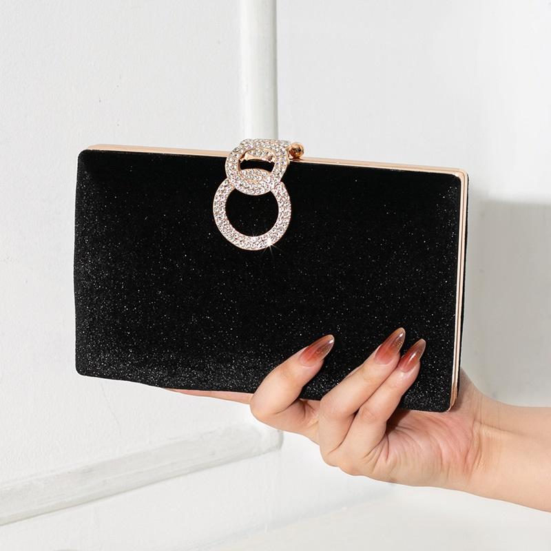 Elegant Solid Velvet Evening Clutch Rhinestone Decor Chain Handbag Luxury Formal Women Purse For Party Banquet