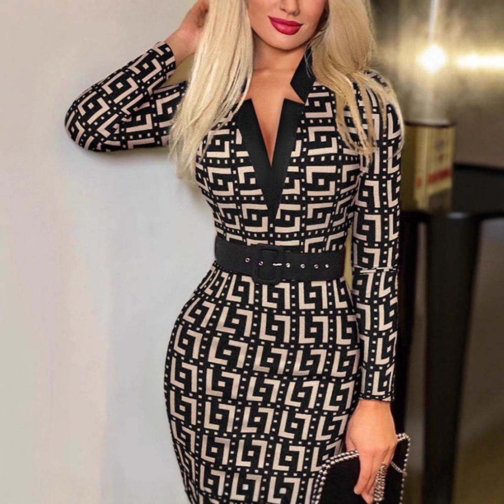women's Plaid Print V Neck Long Sleeve Bodycon Midi Dress Slim Fitted Pencil Dress With Matching Belt