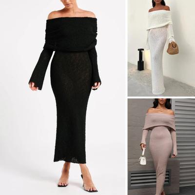 Maxi Dress Sexy Elastic Long Sleeve Off-Shoulder Solid Color Close-Fitting Style Long Dress Wrinkle-Resistant Party Dress