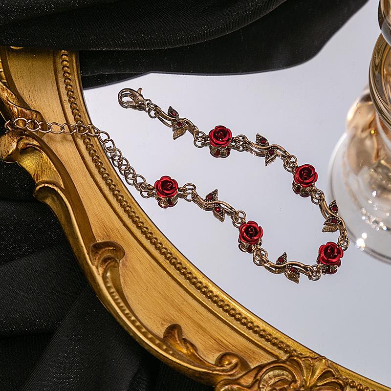 Romantic French Rose Earrings, Red Flower Bracelet, and Retro-Inspired Necklace Set