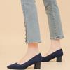Women's Large Size Spring Coarse Heels Pointed Toe Shoes Flyknit V-Mouth Straight Pattern Solid Color High-heeled Single Shoes 34-43