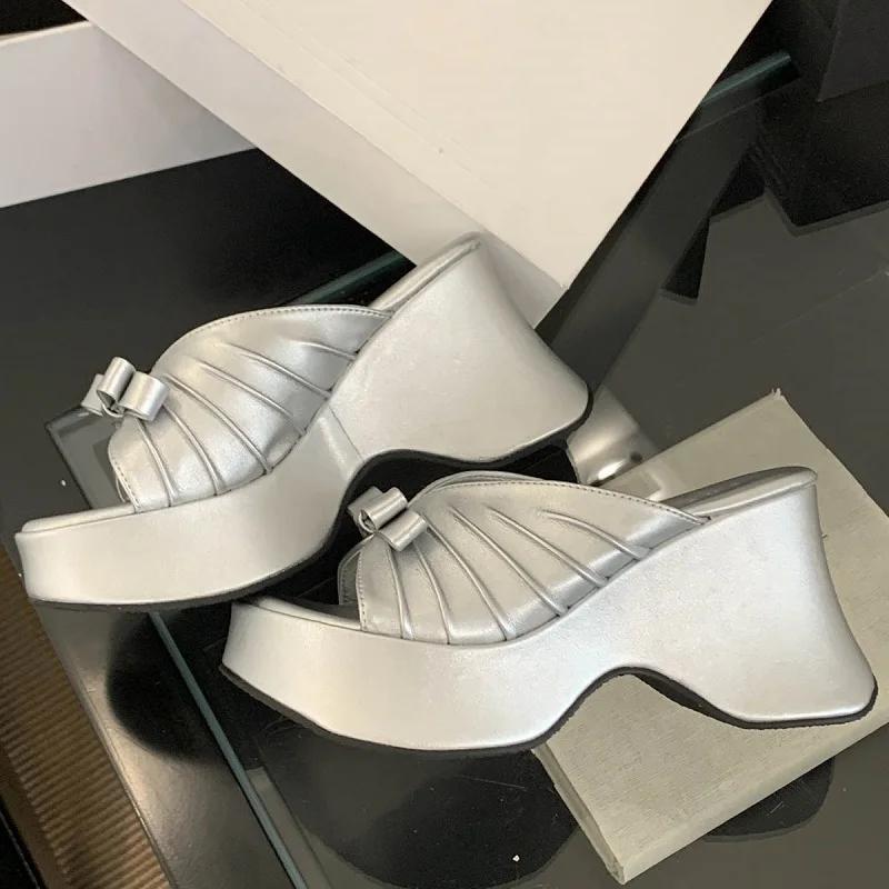 Fashion Fashion Slippers for Women New Design Pleated Butterfly-knot Party Shoe Platform Wedge Women Sandals Fashion Open Toe High Heels