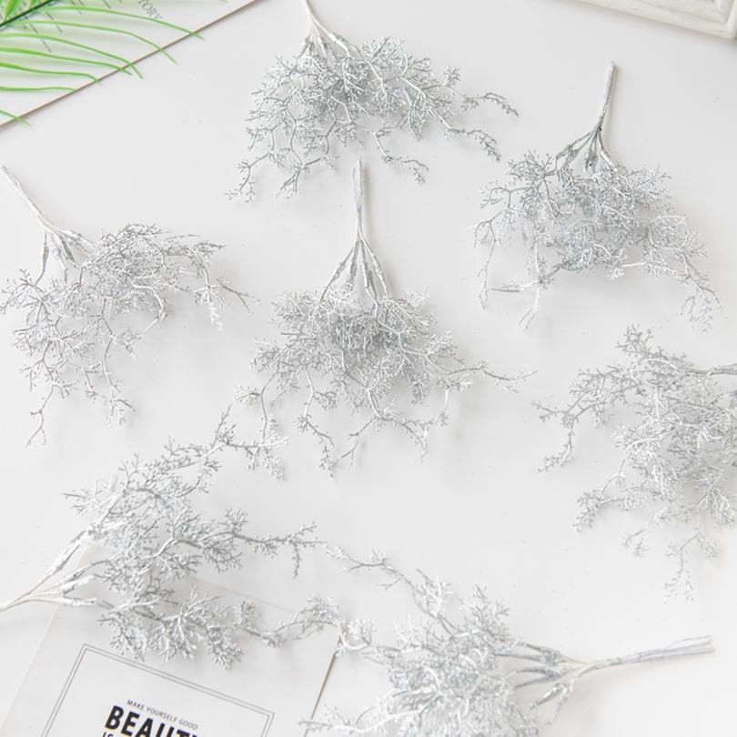 6Pcs Artificial Plant Golden Silvery Branch For Office Desk Bonsai Christmas Tree Wreaths Accessory Home Wedding Arch Decoration