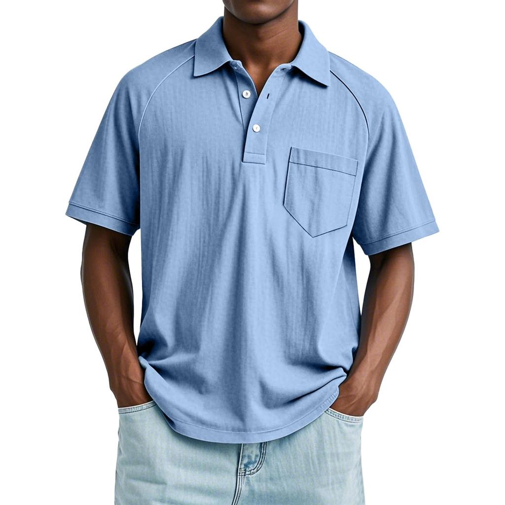 Men's Summer Solid Color Button Pocket Lapel Loose Raglan Short Sleeve Top