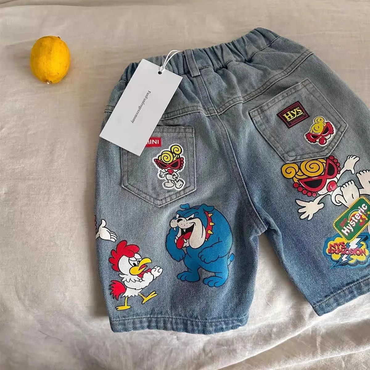 Kids Summer Cartoon Denim Shorts Black Casual Five Point Pants For Boys And Girls Baby Fashion Trousers 90