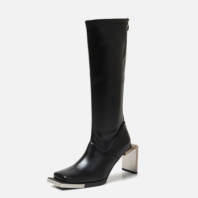 Mode Métal Décor Talons Hauts Bottes Plateformes Slim Tout-Aller Femmes Bottines Bottes Genou Mi-Mollet Cuir Mode Rétro