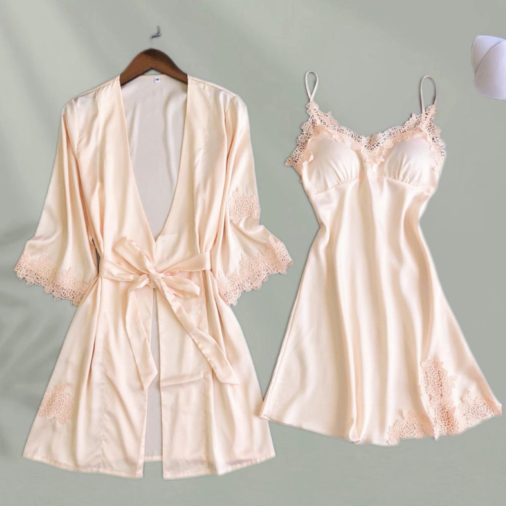 Set Pigiama - Camicia di Seta con Pizzo e Fascia Lingerie Homewear