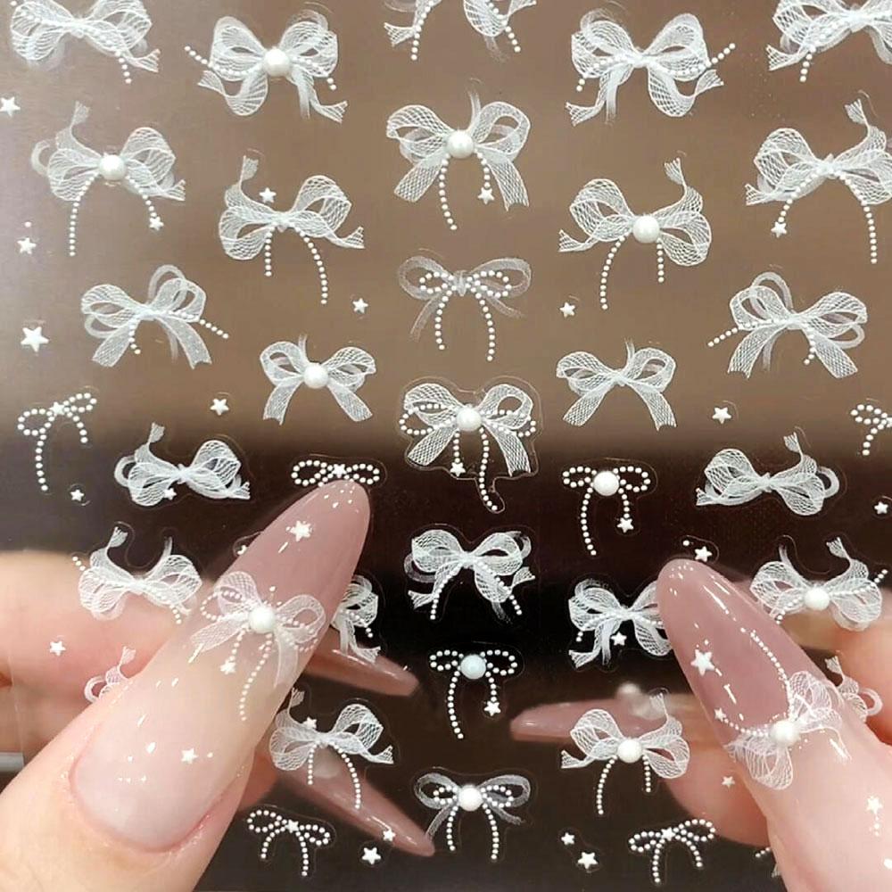 1PC 5D Embossed White Lace Bow Nail Art Stickers Cute Pink White Ribbon Bow Tie Nail Sliders Kawaii Bow Manicure Accessories TY9