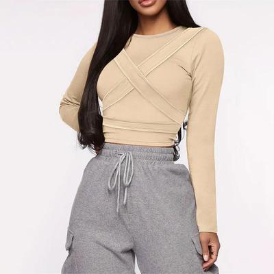 Women's Summer Slim Flutter Bandage Corset Round Neck Long Sleeve Top