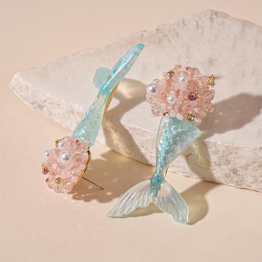 Summer less fresh resin flower cluster human fish tail silver needle earrings cute simple niche earrings