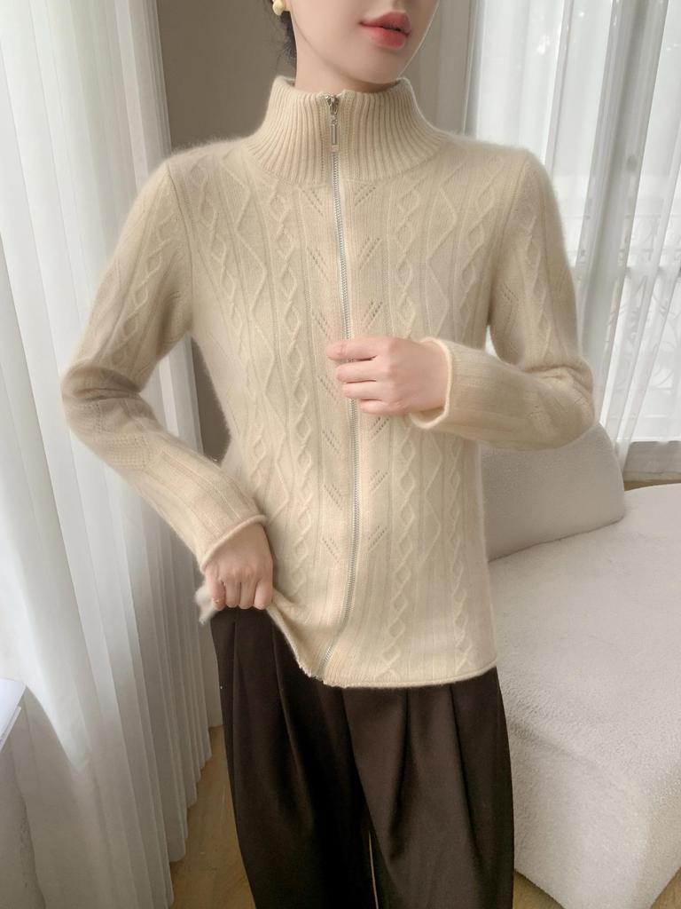 Women's High-End Cashmere Stand Collar Jacquard Zipper Cardigan Sweater - Autumn/Winter Loose Style.