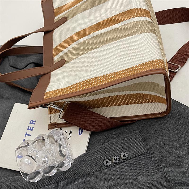 Large Capacity Canvas Bag Hand Carrying Student Class Crossbody Bag Striped Contrast Tote Bag