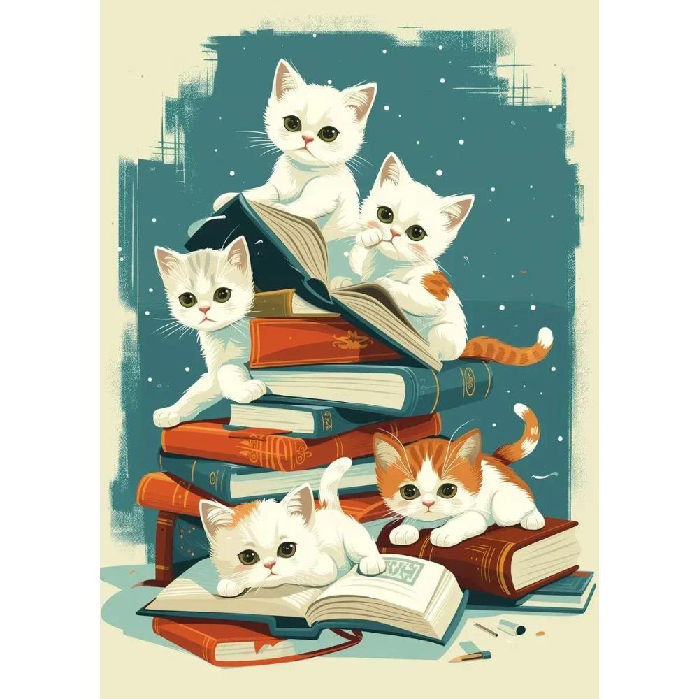 1pc Frameless Canvas Painting  Cartoon Cat with Books Poster Print Canvas Painting Wall Art Picture Library Bookstore Room Decor
