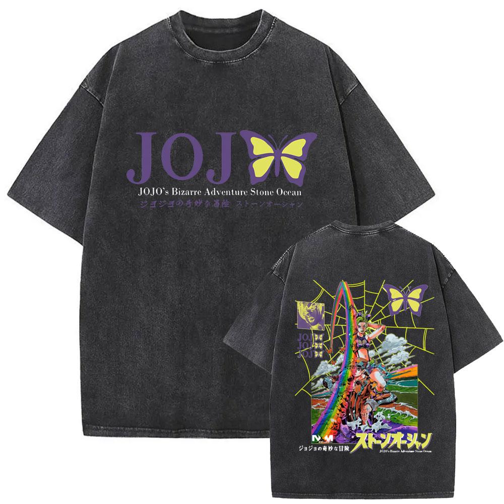 Anime JoJo's Bizarre Adventure Jolyne Washed Vintage T-shirt Summer Men Women Manga Casual Cotton Crewneck Short Sleeve T Shirt