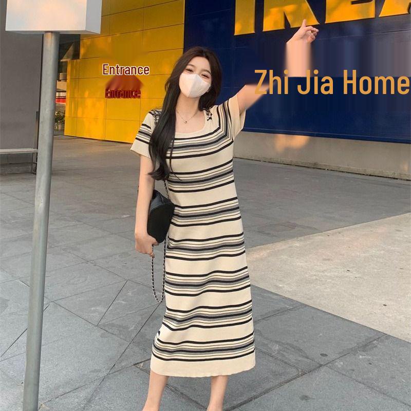 Plus Size Retro Striped Knit Dress - Summer Short Sleeve, Slimming & Belly Concealing Small абрикосовый