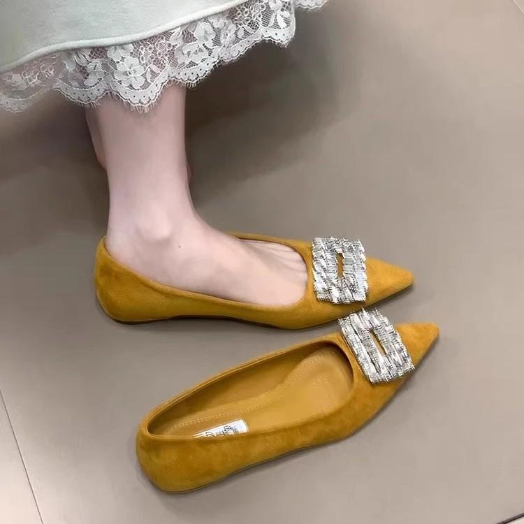 French Beautiful Fashion Inner Height Increase Versatile Evening Shoes Shallow Mouth Rhinestone Square Buckle Ladyshoes Pointed Temperament Commuter