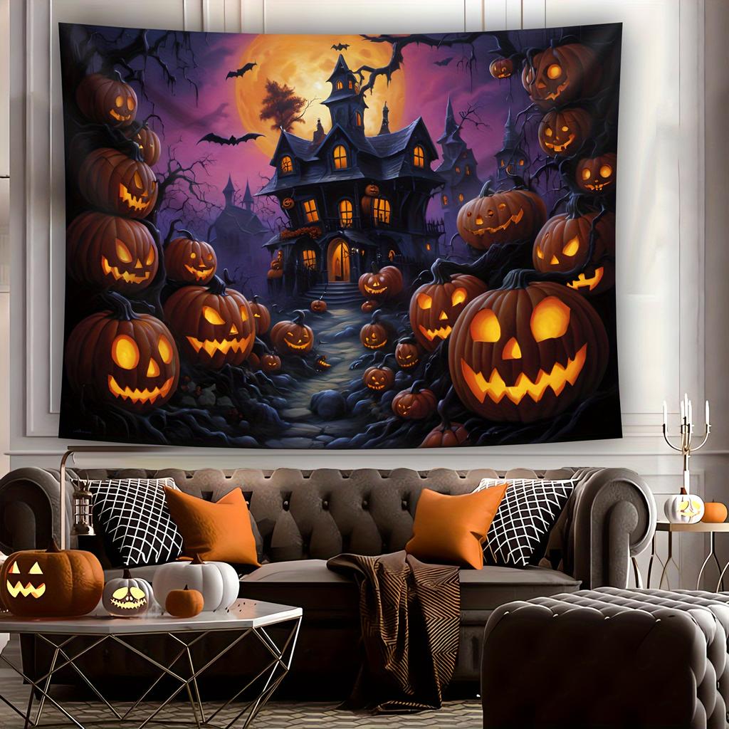 Halloween Castle Tapestry Pumpkin Patch Bat Living Room Wall Hanging Theme Party Room Decor
