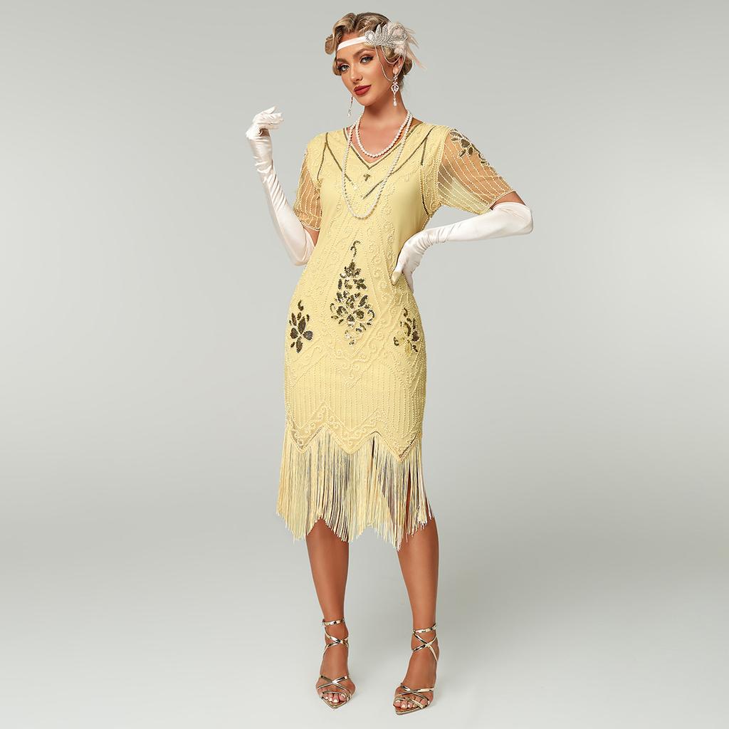 Gatsby Dress, New Hand-embroidered Beaded Sequin Skirt, European and American Banquet Dress V-neck Short-sleeved Dress