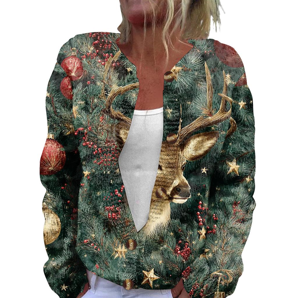 Women's Fashion Christmas Print Long Sleeve Knitted Cardigan Button Jacket
