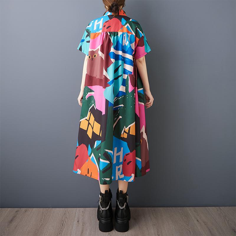 Dimanaf Summer Women 2025 Basic Plus Size Shirt Dress Casual Short Sleeve Buttons Dress Loose Printing Dress