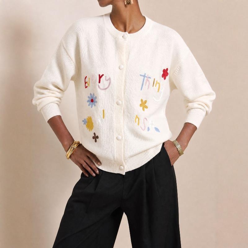 TIFICY Women's Fashion Casual Fall Winter Flower Pattern Print Long Sleeve O-Neck Sweaters