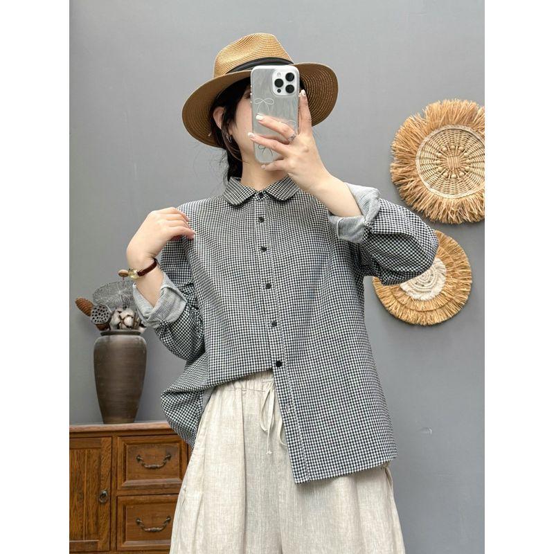 

Export Spring & Fall Lapel Long Sleeves Double-Layer Cotton Yarn-Dyed Gingham Shirt Women s Casual Art Younger Bottoming Shirt Black XL