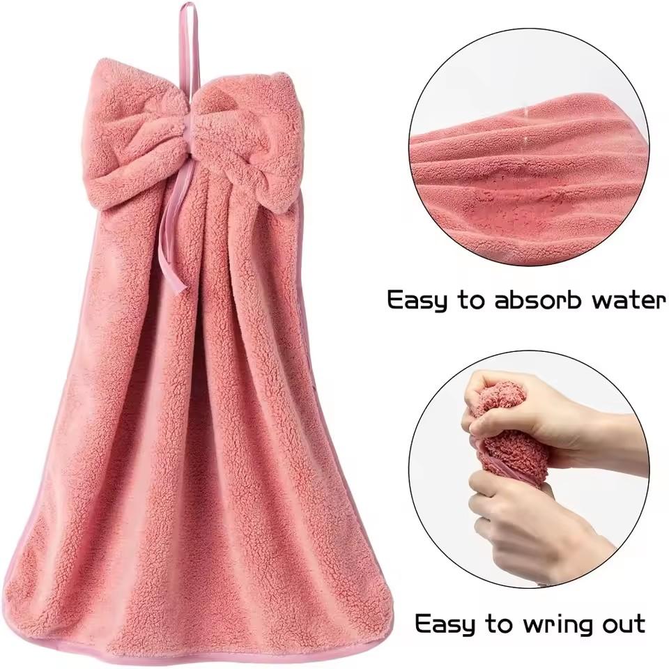 Hand Towel Household Bow Hanging Type Absorbent Towels Kitchen Wipe Handkerchief Solid Color Kitchen Supplies
