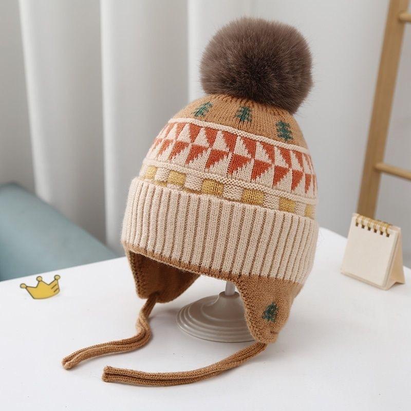 Autumn and Winter Boys and Girls Rhombus Windproof Ear Hats Baby Knitted Thickened Wool Hats Winter Children's Warm Hats