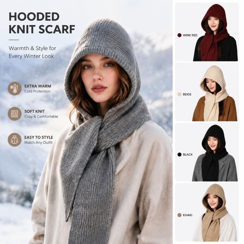 Meier Knitted hooded, scarf integrated hat, autumn and winter warm ear protection pullover hat, unisex thickened