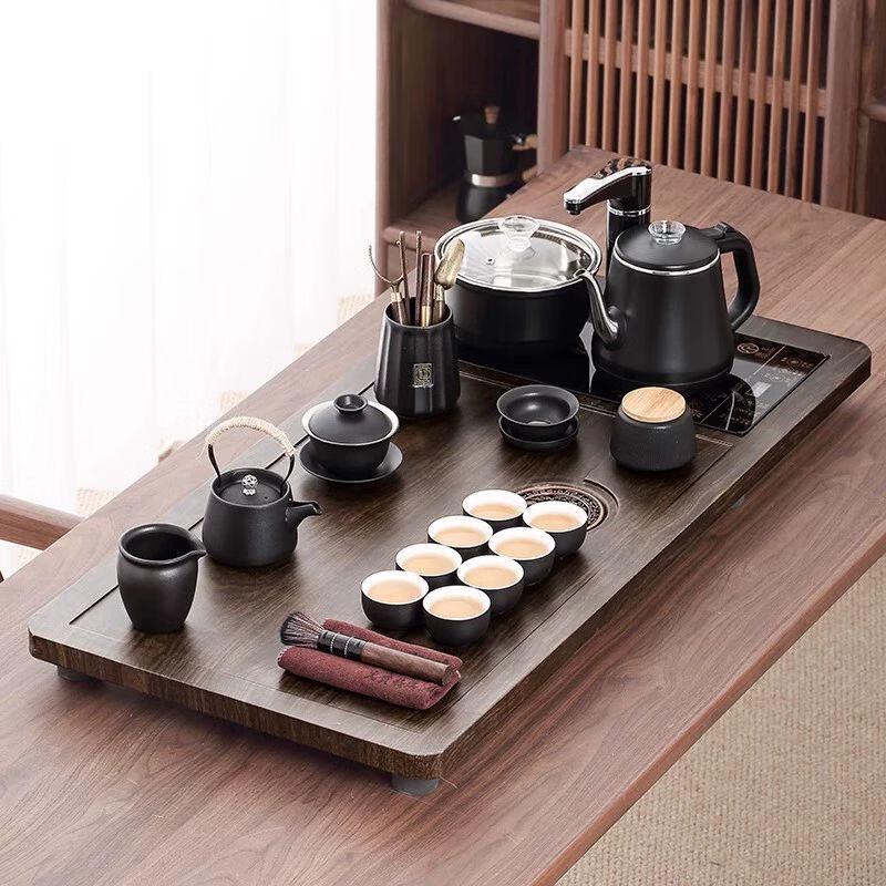 Jiakangming Ru Kiln Ceramic Tea Set with Auto-Heating Kettle & Wooden Tray
