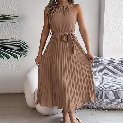 Women's Fashion Retro Solid Color Sleeveless Waist Pleated Skirt Stand Collar Pullover Dress