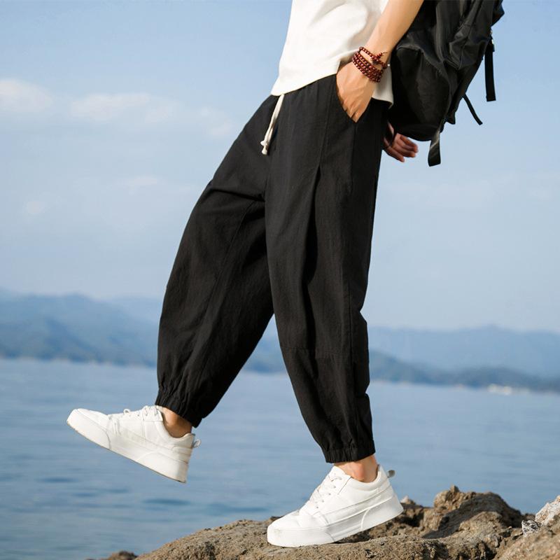 Spring and summer men's and women's casual pants men's Harlan pants cotton and linen new Chinese thin loose tied nine-point pants men's