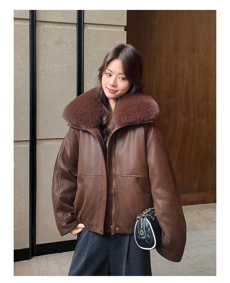 Women's Autumn Winter PU Leather Jacket, Quilted Lining Thickened Warm Cold-proof Detachable Big Faux Fur Collar Leather Coat