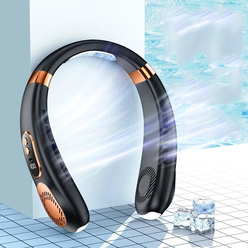 2025 Neck Fan USB Rechargeable Cooling Fan 5 Speed Adjustable Neck Cooler Digital Display Bladeless Neckband Fan